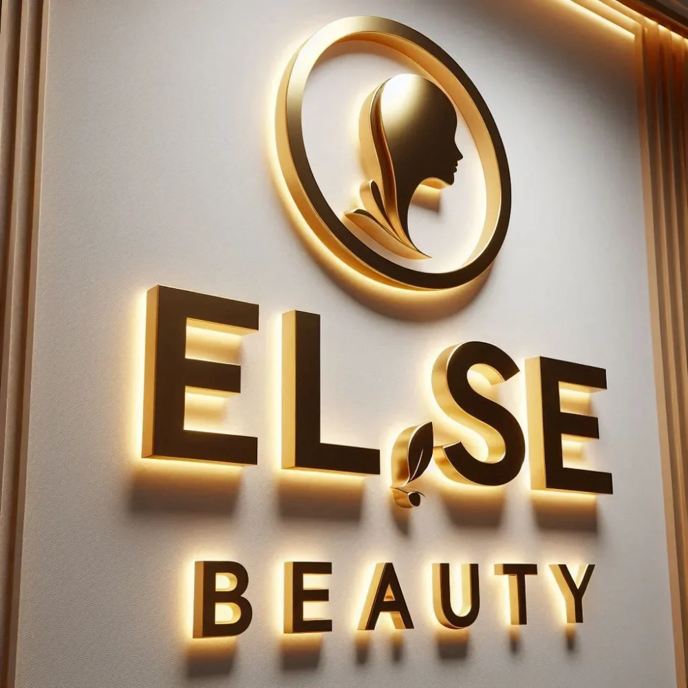 Image of a custom backlit sign hanging on a wall. The product says ELSE Beauty with the logo on it.