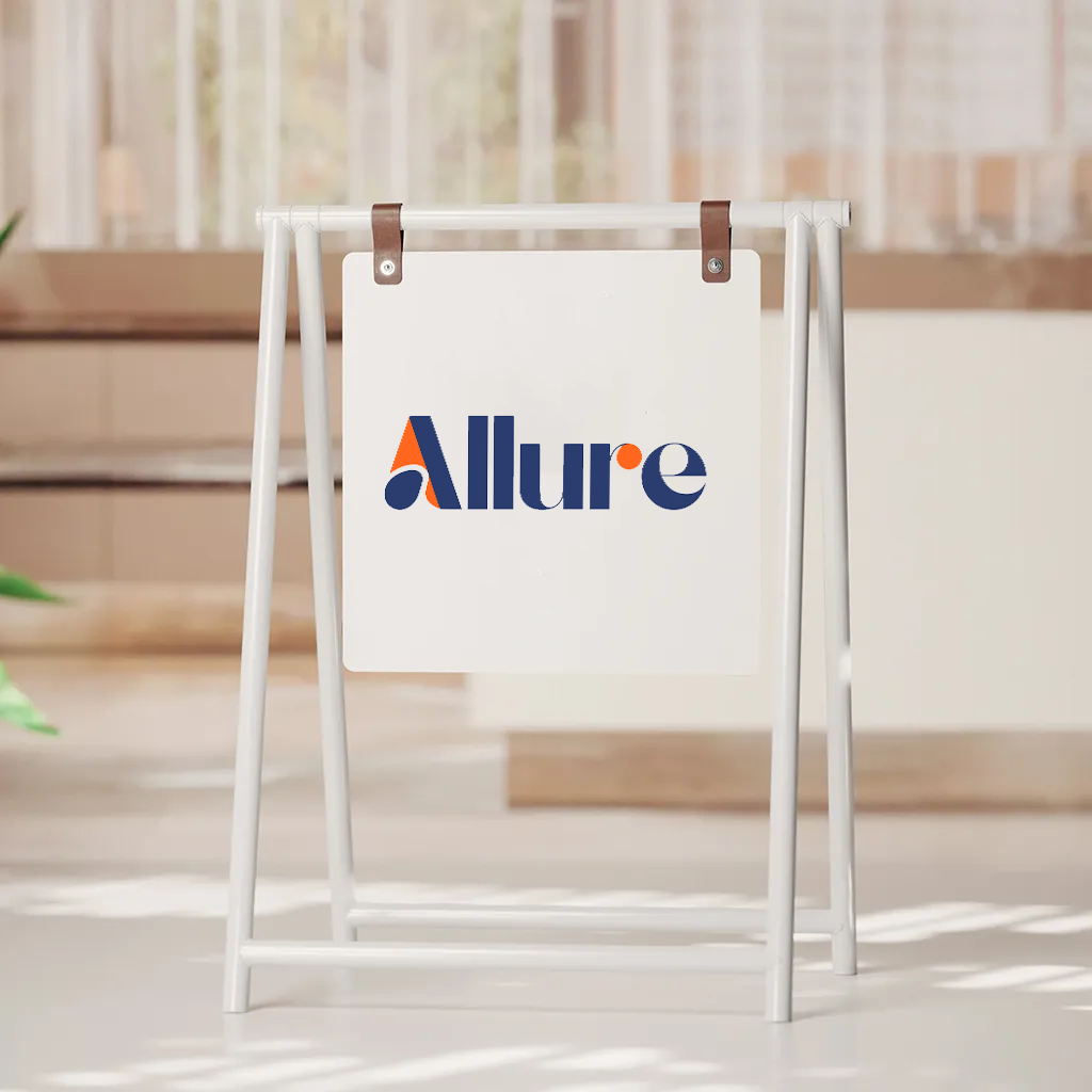 Allure sign, white sidewalk sign with blue and orange logo