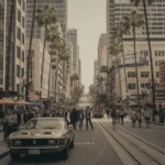 A vintage-style San Francisco street scene featuring a classic Mustang, palm trees, and business storefronts that comply with California Signage Permit regulations for outdoor advertising.