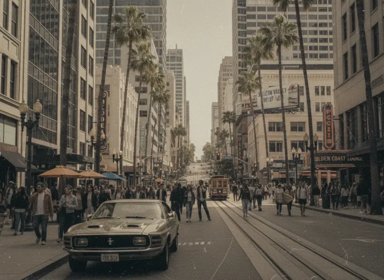 A vintage-style San Francisco street scene featuring a classic Mustang, palm trees, and business storefronts that comply with California Signage Permit regulations for outdoor advertising.