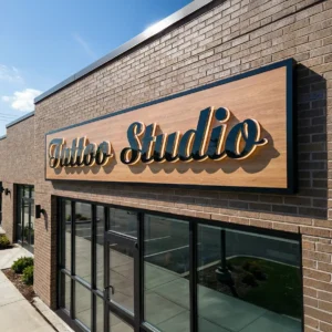 tattoo studio sign with acm backer on the brick wall