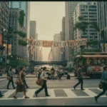 A view of a busy Chicago street with tall buildings and commercial storefronts that require a Chicago Signage Permit for outdoor business displays.