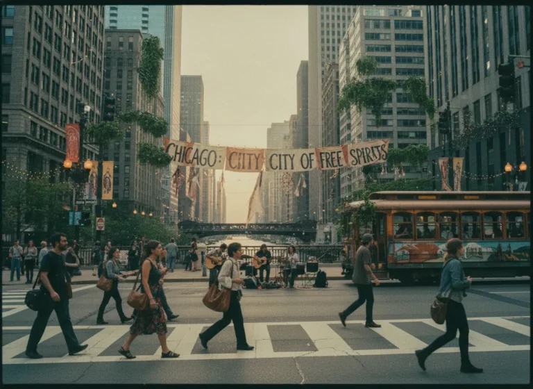 A view of a busy Chicago street with tall buildings and commercial storefronts that require a Chicago Signage Permit for outdoor business displays.