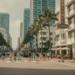 A sunny Florida street lined with palm trees and commercial buildings featuring various outdoor advertisements that require a Florida Signage Permit for legal installation.