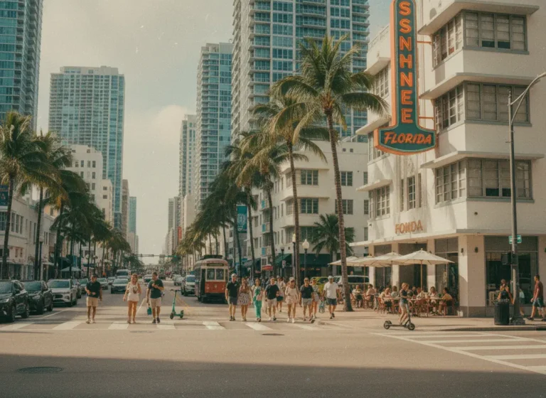 A sunny Florida street lined with palm trees and commercial buildings featuring various outdoor advertisements that require a Florida Signage Permit for legal installation.