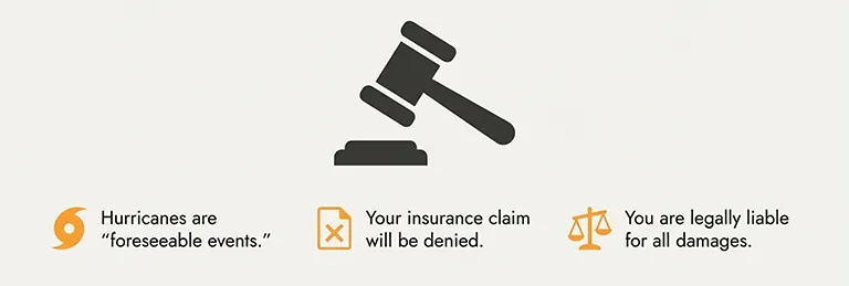 Legal consequences of non-compliant signage in Florida: A judge's gavel icon with warnings stating hurricanes are foreseeable events, insurance claims may be denied, and owners are legally liable for damages.