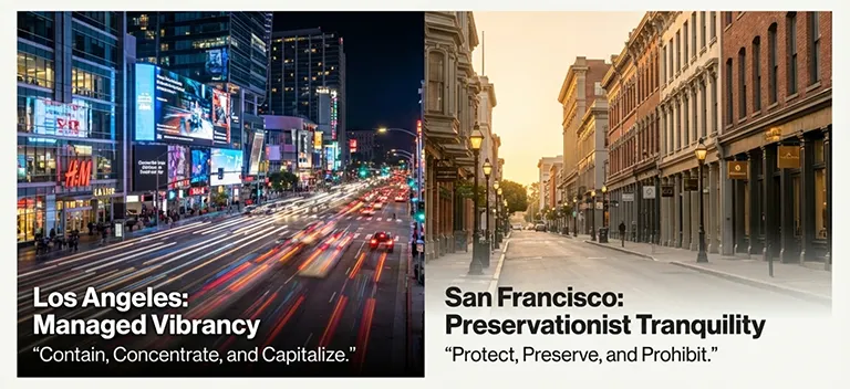 Infographic titled 'Two Cities, Two Philosophies' comparing the urban development of Los Angeles, described as 'Managed Vibrancy,' with San Francisco, described as 'Preservationist Tranquility.