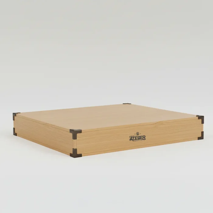 MDF reinforced shipping box with wood texture and metal corner protectors.