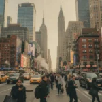 A busy New York City street filled with yellow taxis and pedestrians, showcasing various storefronts and billboards that require a professional Signage Permit for legal display.