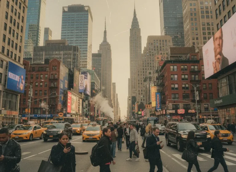 A busy New York City street filled with yellow taxis and pedestrians, showcasing various storefronts and billboards that require a professional Signage Permit for legal display.