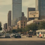 A wide Texas city boulevard featuring a "Texas Forever" billboard and modern skyscrapers, representing commercial zones where a Texas Signage Permit is necessary for large-scale displays