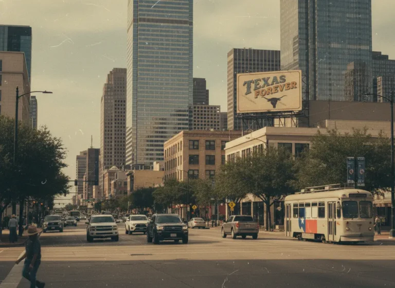 A wide Texas city boulevard featuring a "Texas Forever" billboard and modern skyscrapers, representing commercial zones where a Texas Signage Permit is necessary for large-scale displays