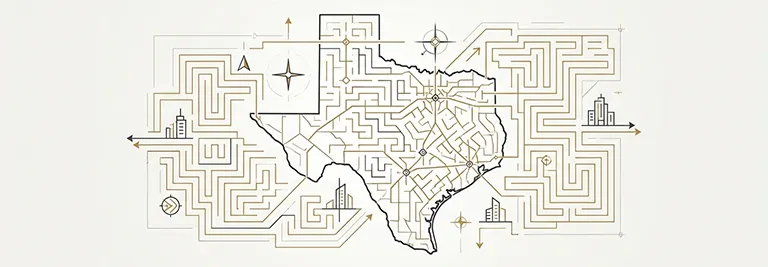 Stylized map of Texas inside a labyrinth with architectural icons, representing the complexity of city-specific sign codes and permit processes.