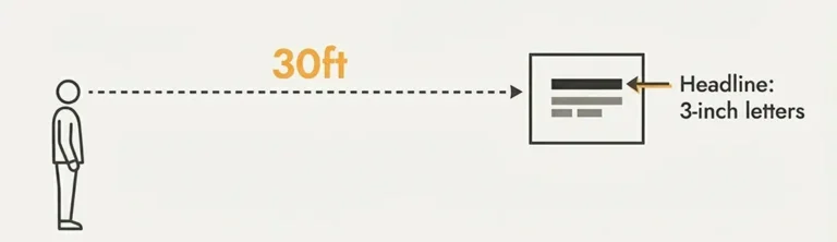 This image illustrates the relationship between viewing distance and font size for effective signage