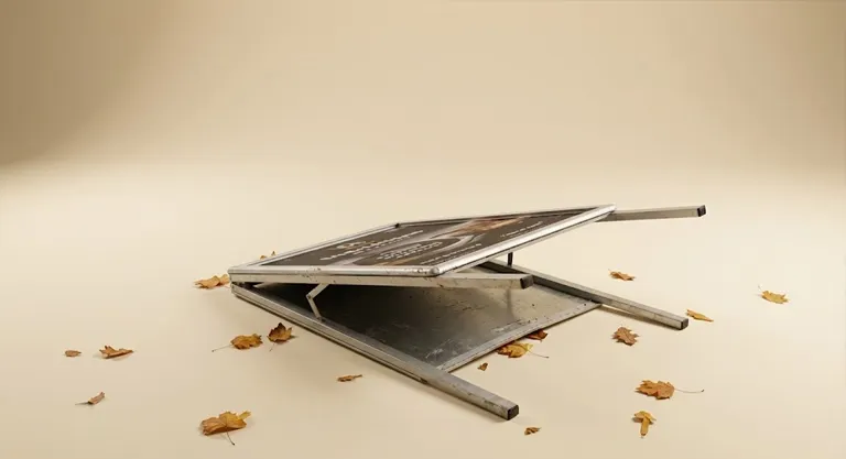 A sidewalk sign knocked over by the wind.