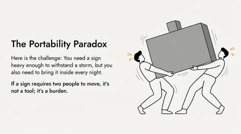 Two people trying to lift a heavy sign.