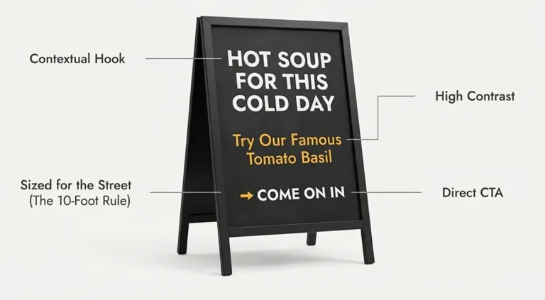 The image shows a black A-frame sidewalk sign used for marketing, with text explaining effective advertising principles. It features the following elements.