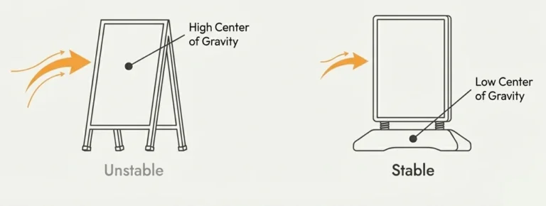 An image comparing the center point of a refillable sign with the center point of a standard sidewalk sign.